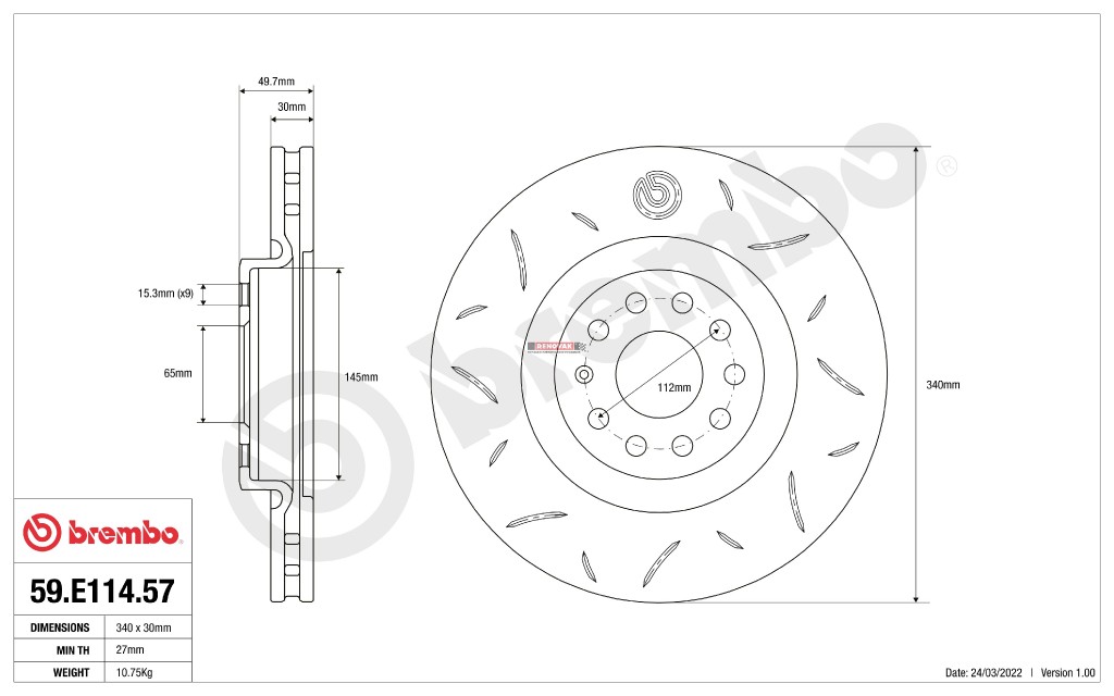 Přední sportovní brzdové kotouče Brembo TY3 59.E114.57 Audi / Seat / VW / Škoda - 340x30 mm - OE 1K0615301AD
